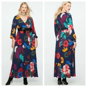 ELOQUII Long Sleeve Floral Print Kimono Maxi Dress